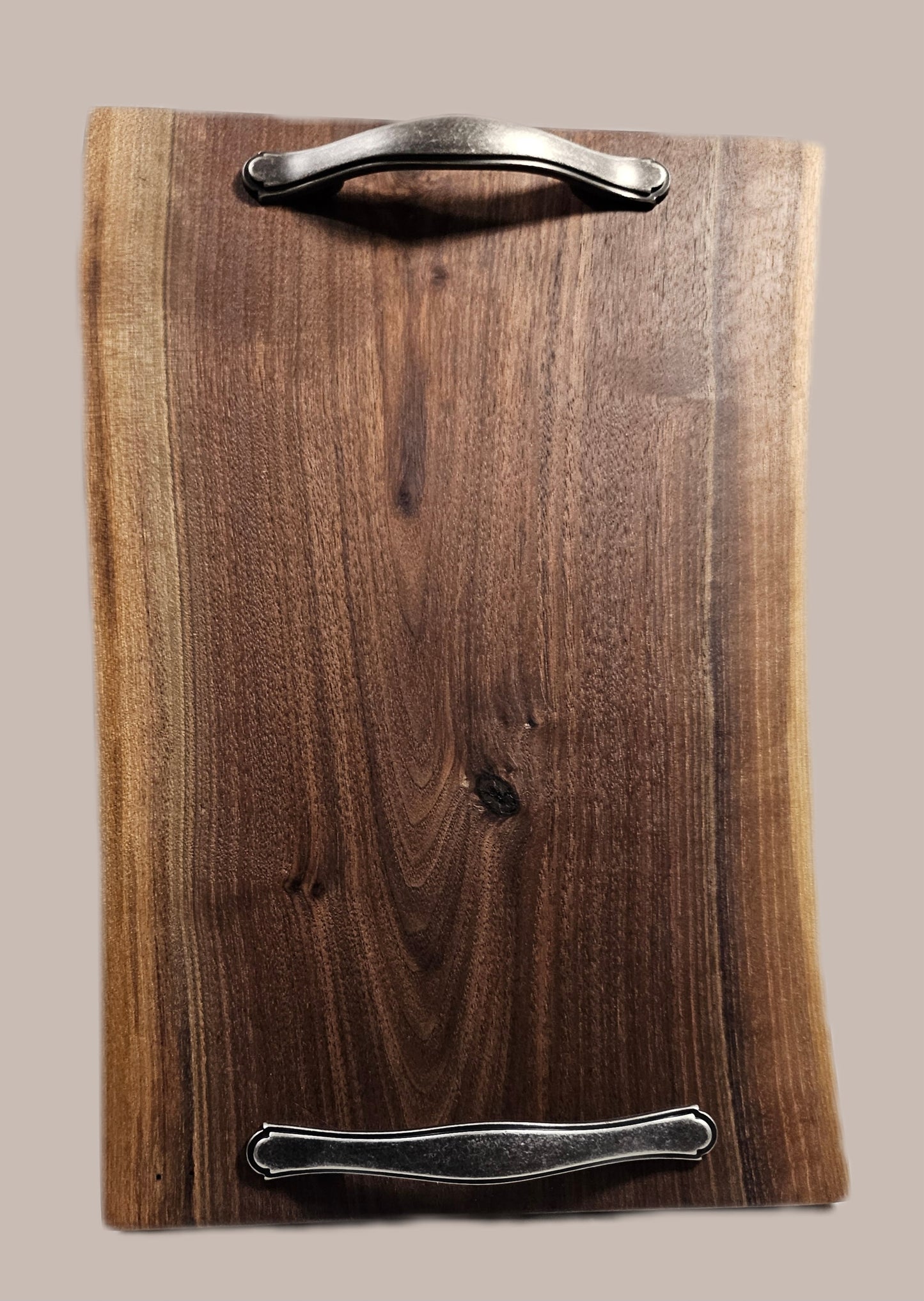 C. Walnut charcuterie board with handles, live edge